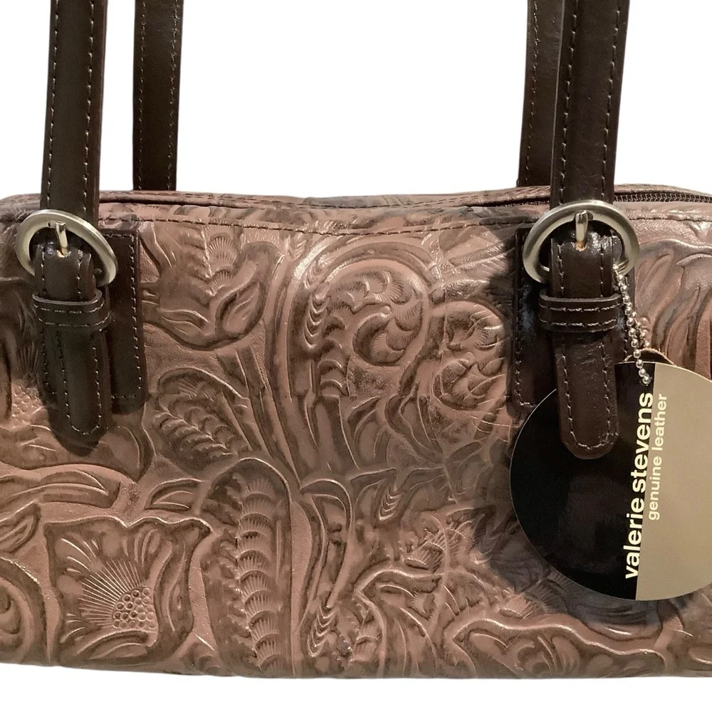 Valerie Stevens Vtg Genuine Leather Tooling Around Brown Embossed Handbag Rare - Picture 3 of 12